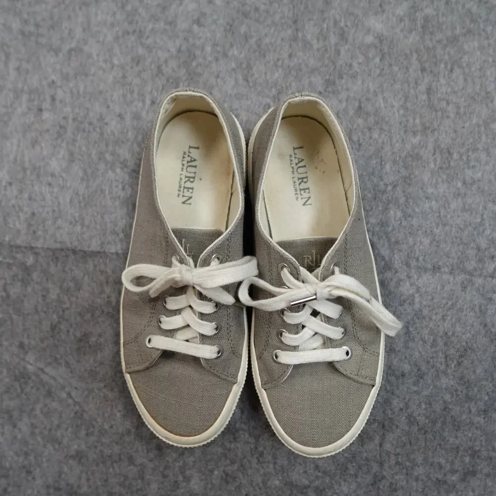 Ralph Lauren Sneakers Womens 6.5 Jolie Linen Lace Up Gray‎ Fashion Casual